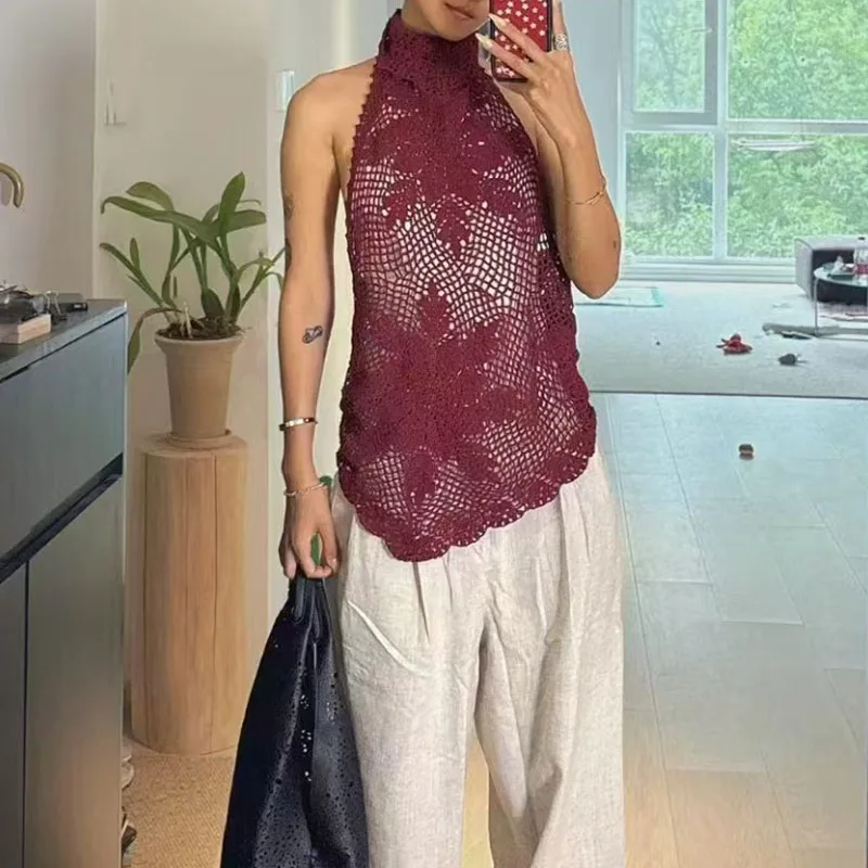 女性用ハンドメイド花柄クロシェ編みレースアップニットベストツーピースセット、ハーフハイカラーライニング付き高品質バックレスベスト2026新作