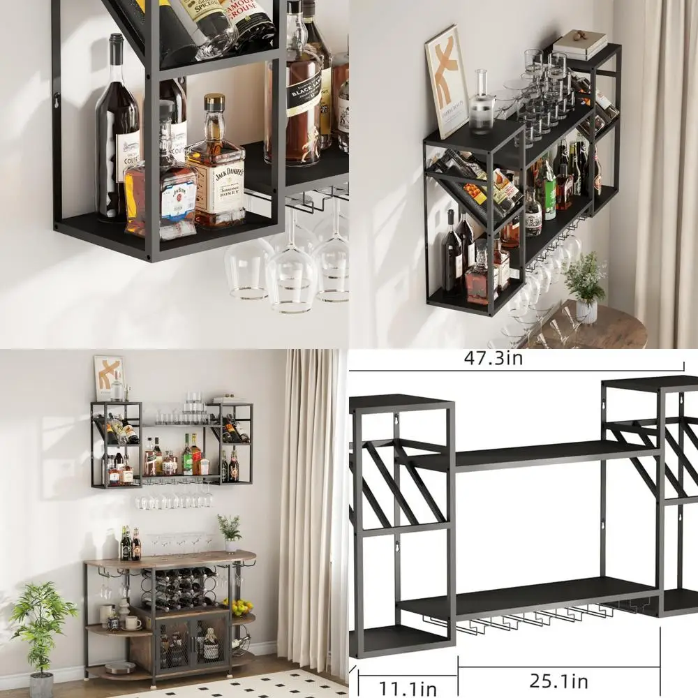 

Двухуровневая металлическая плавающая барная полка с винной полкой и держателем для стекла для кухни и столовой (черная)