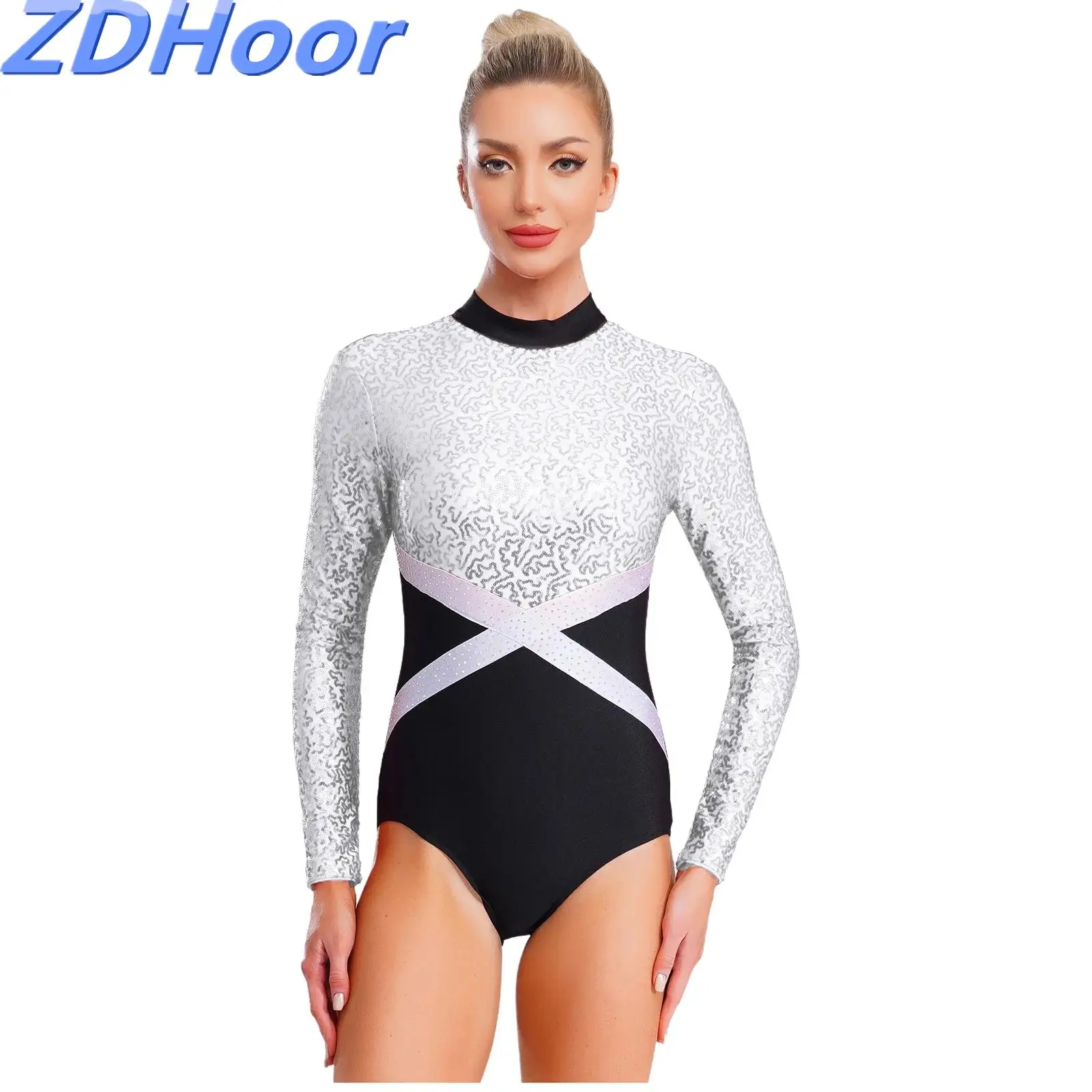 

Womens Glittery Sequin Ballet Leotard Contrast Color Back Hollow-Out One-piece Jumpsuit for Figure Skating Dance Gymnastic