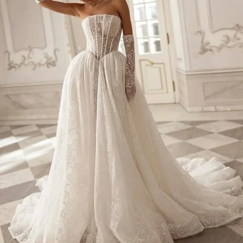 

Charming Lace Wedding Gowns Women Strapelss Lace Up Puffy Skirt Bride Bridal Dress Prom Formal vestido de novia boda Customized