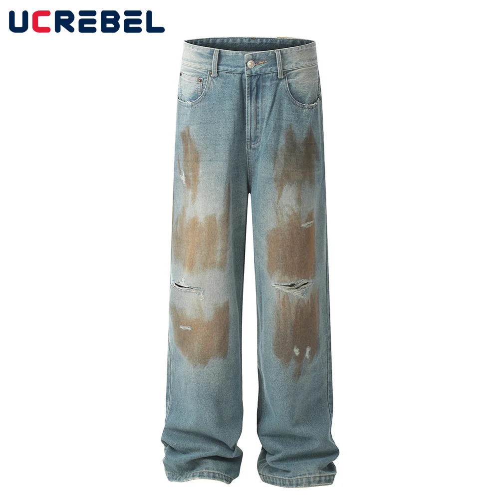 

Ripped Dirty Color Jeans Mens Washed Distressed High Street Pocket Loose Straight Denim Pants Mens Trousers