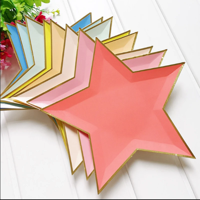 8pcs Colorful Gold Foil Star Disposable Tableware Kids Birthday Favors Decoration Paper Plates Wedding Birthday Party Supplies