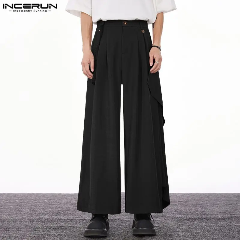 

INCERUN Men Pants Solid Color Button Joggers Loose Korean Irregular Trousers Men Streetwear 2024 Fashion Casual Wide Leg Pants