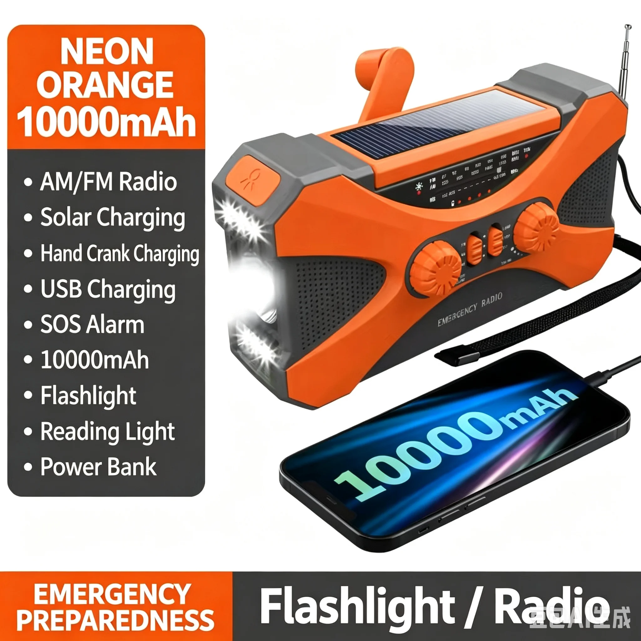 10000mAh Emergency Radio, Solar Hand Crank Radio, Portable AM/FM/NOAA Weather Radio with Cell Phone Charger, LED Flashlight