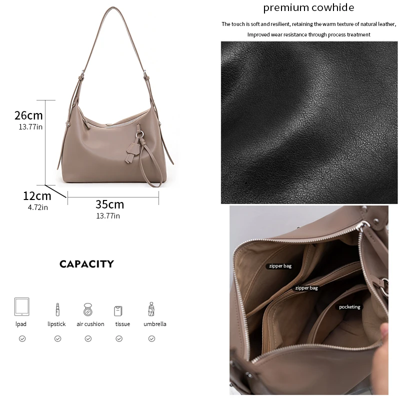 Women's Genuine Leather Crossbody Bag Soft Cowhide Hobo Purse Large Capacity Shoulder Handbag for Work Travel