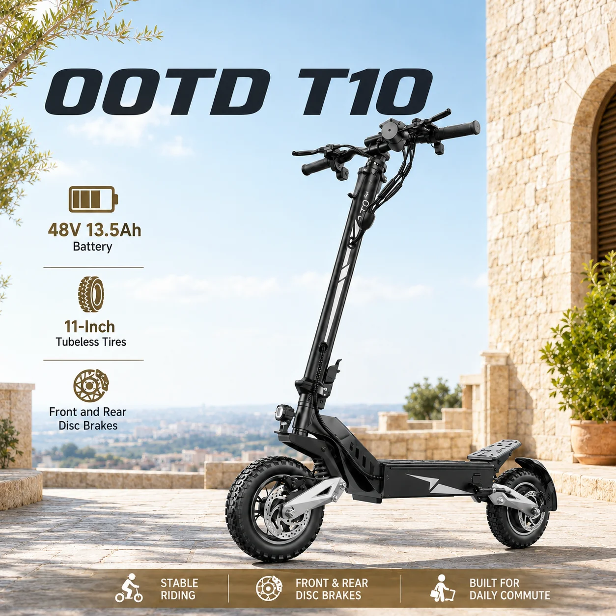 Patinete Eléctrico Ootd T10, Potencia Máxima 48V13.5-18Ah, Juego Completo, Patinete Eléctrico Urbano con Luces LED para Patinete Eléctrico