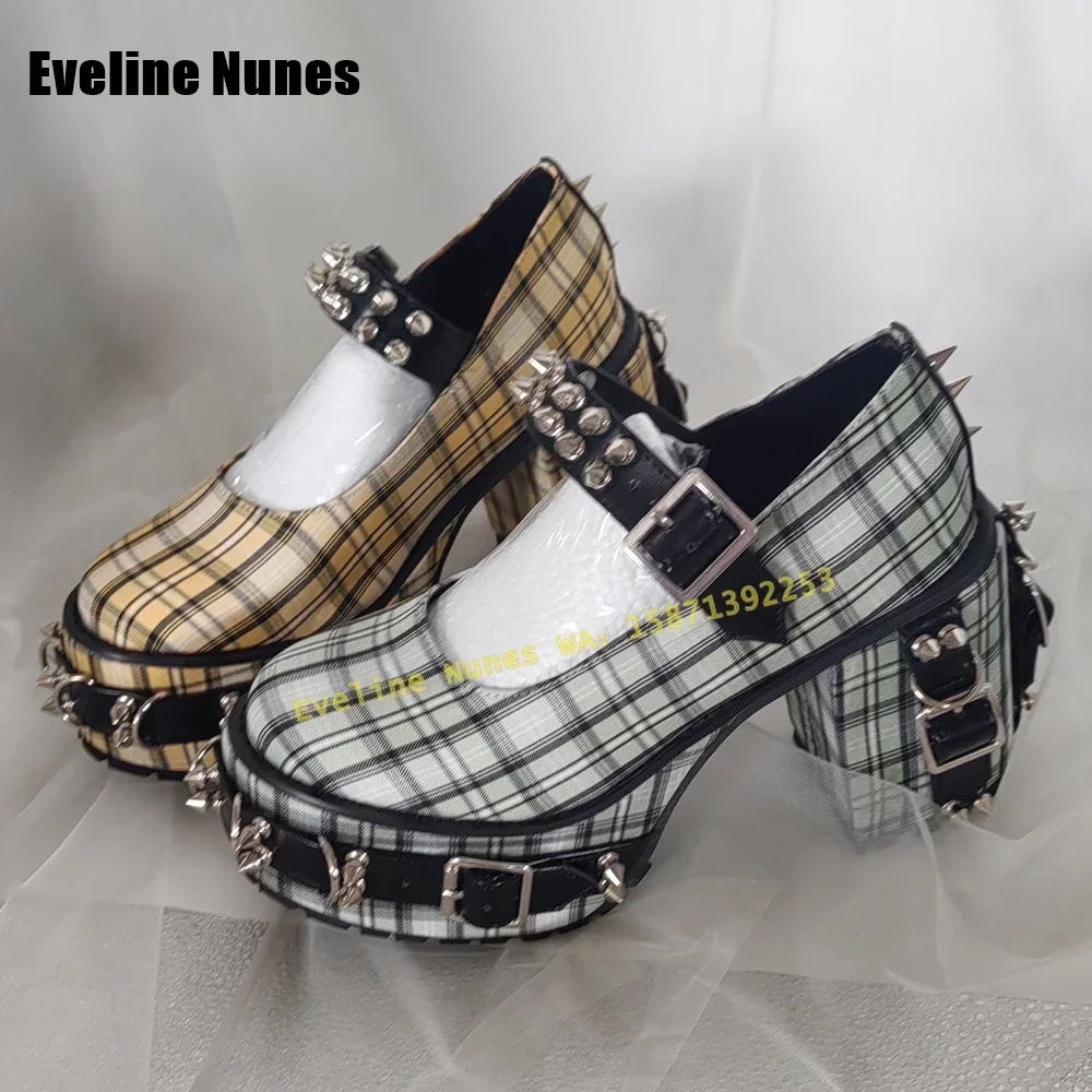 Pink Plaid Rivet Buckle Strap Pumps Round Toe Chunky Heels Shallow Punk Women Mary Janes Gothic Style Plus Size Shoes 2024 Trend