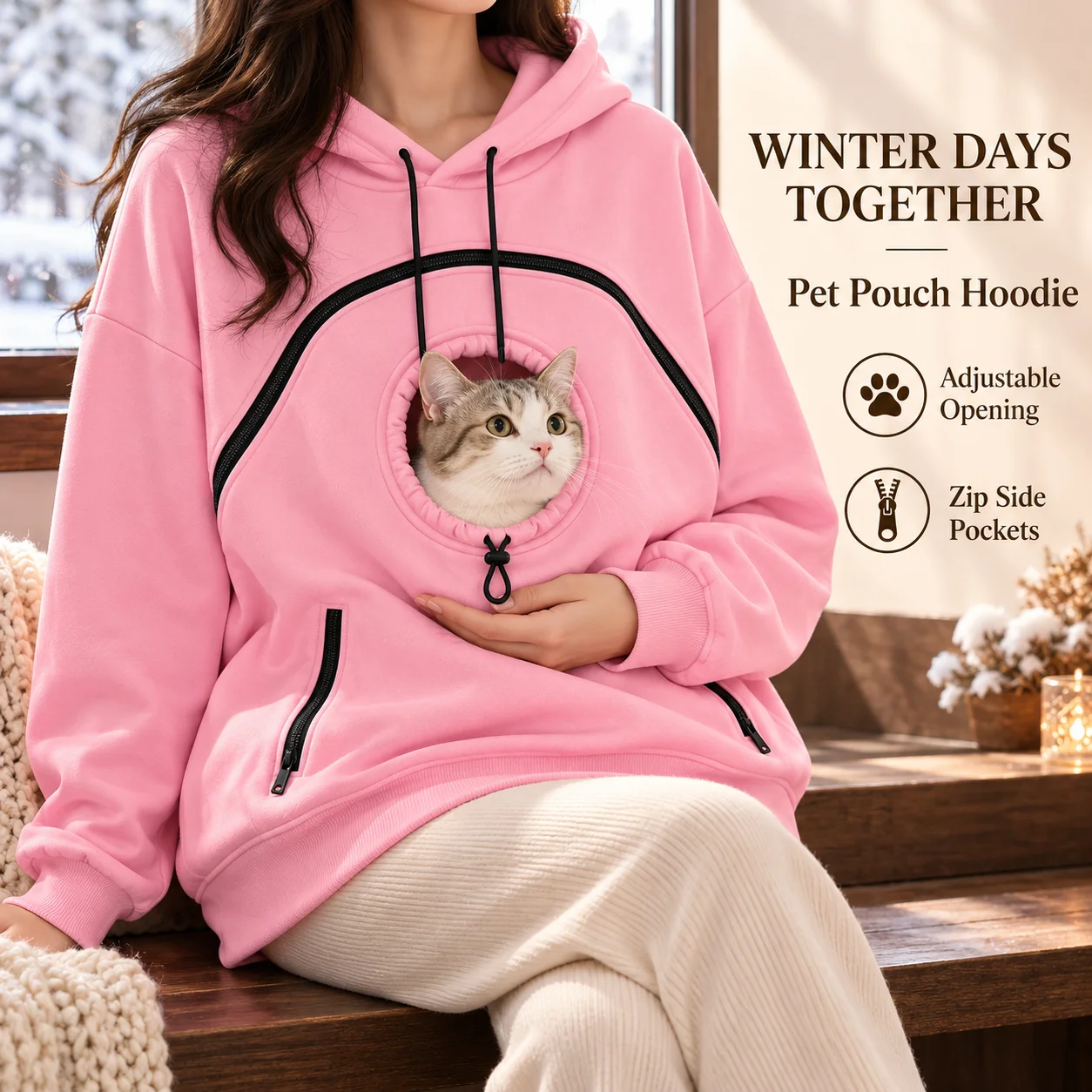 Womens Pet Pouch Hoodie Winter Fleece Hooded Sweatshirt Oversized Pullover With Adjustable Opening Home Wear For Cat Lovers Gift