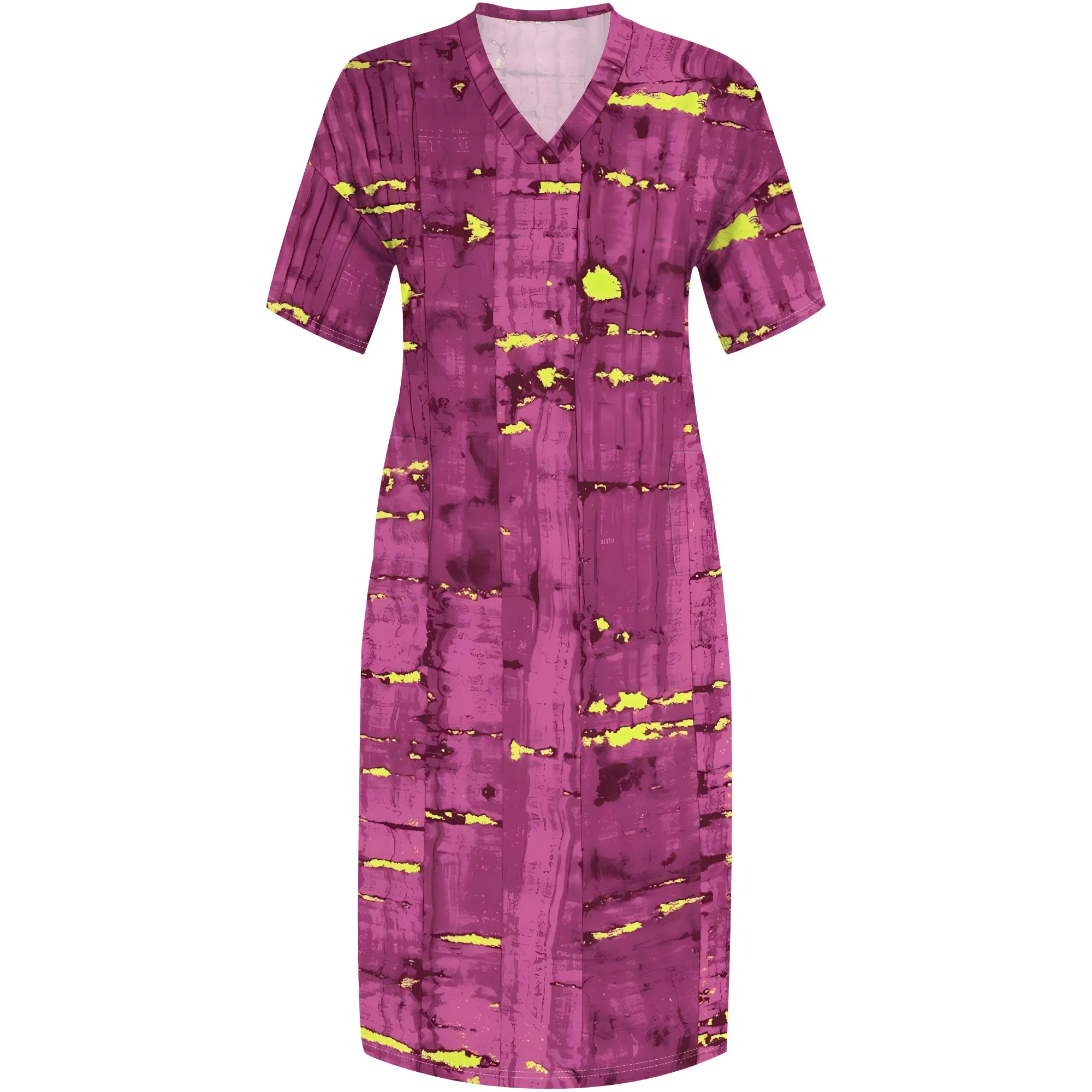 Gaun Motif Nupusa Tertekan untuk Wanita Gaun Midi Lengan Pendek Leher V Kasual Musim Panas Ukuran Besar