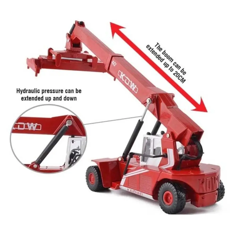 Model żurawia kontenerowego w skali 1:50, model pojazdu budowlanego do transportu samochodów z podnoszeniem przednim, karoseria ze stopu, przesuwne elementy.