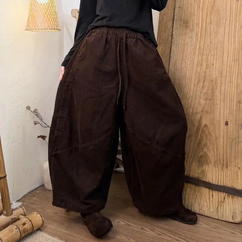 2026 Spring Autumn Arts Style Women Elastic Waist Loose Trousers All-matched Casual Cotton Corduroy Harem Pants High Quality H99