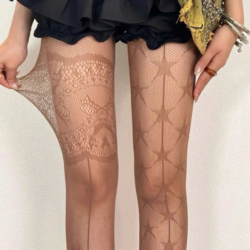 

Women Fishnet Tights Black Star Print Gothic Stockings Sexy Punk Lolita JK Sweet Mesh Pantyhose Hollow Lace Patterned Hosiery