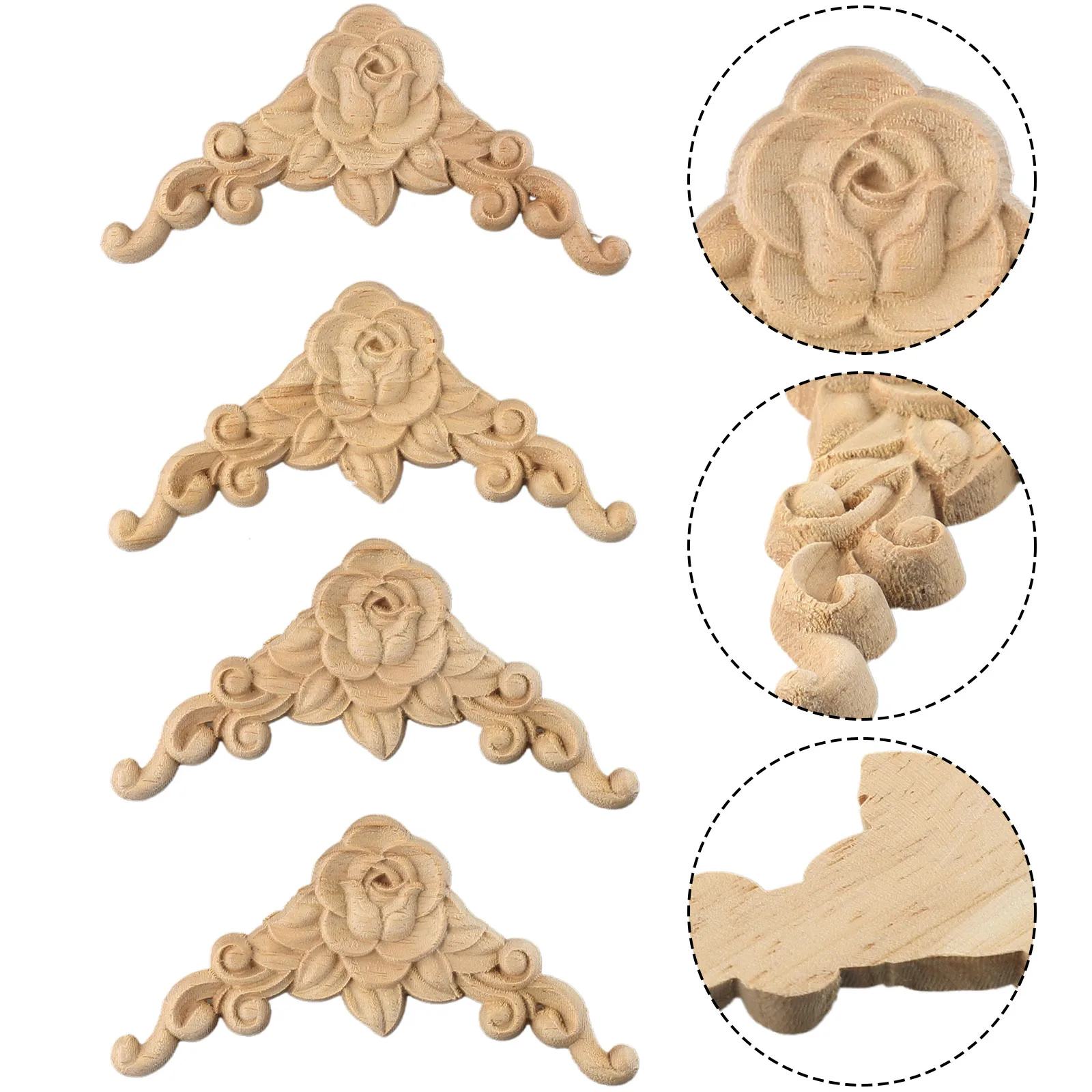 Set of 4 Wooden Carved Corner Onlay Applique for Door and Furniture Decoration Suitable for Cabinets and Walls