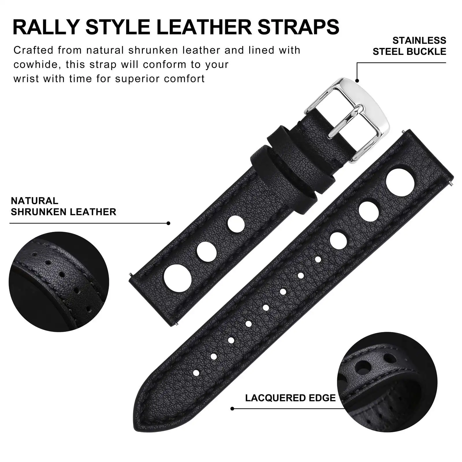 BISONSTRAP Rally Leather Watch Band, 18mm 20mm 22mm Watch Band, Replacement Straps for Men, Black\\Silver Buckle