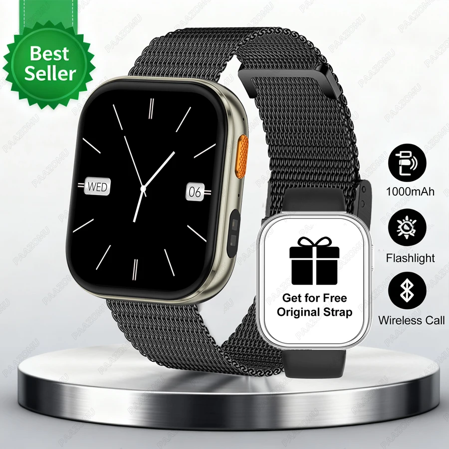 

2025 New 1000mAh BIG Battery Smart Watch Men Women Heart Rate LED Flashlight BT Call IP68 Waterproof SmartWatch for Android iOS