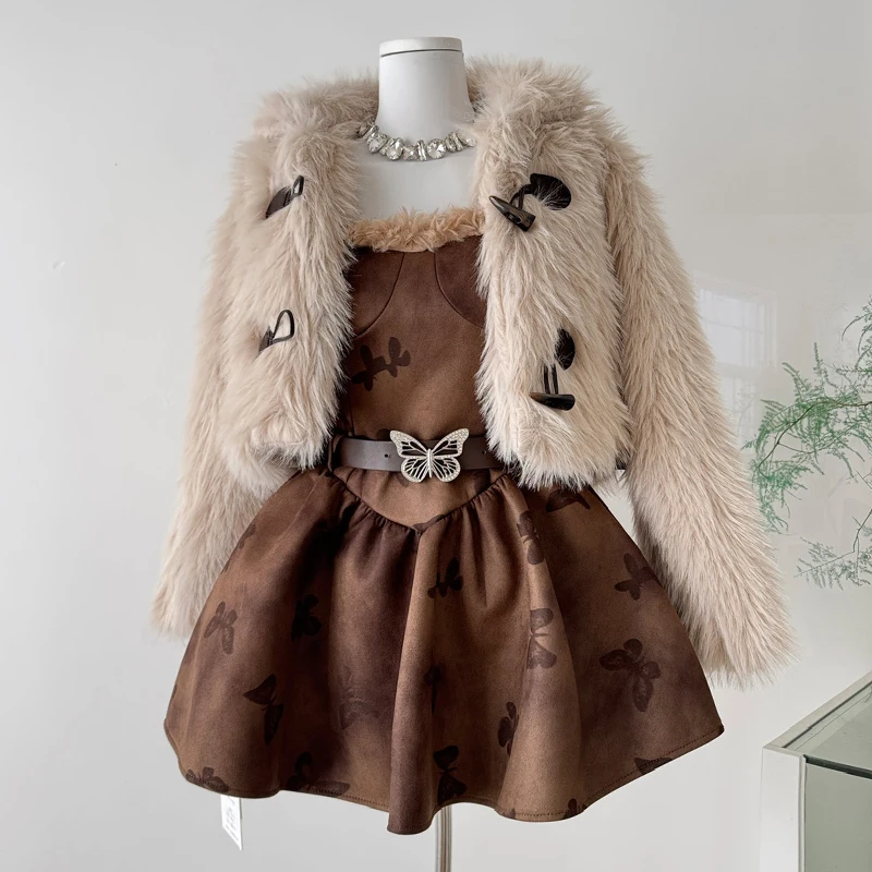 

Vintage Velvet Butterfly A-Line Dress Fashion Warm Imitation Fox Fur Short Overcoat Korean Style Strap Mini Dress with Belt