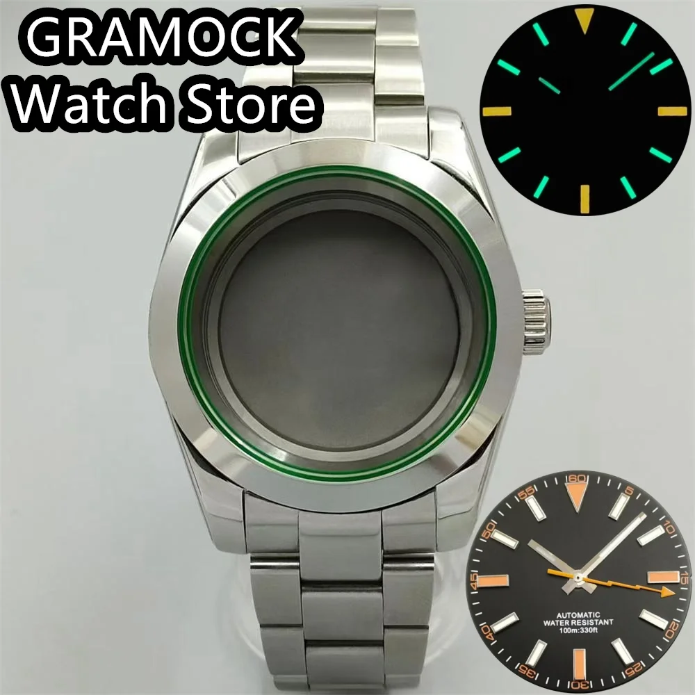 GRAMOCK 36mm/40mm Silver Polished Watch Case Green Edge Sapphire Glass Fit NH34 NH35 NH36 ETA2824 PT5000 movement