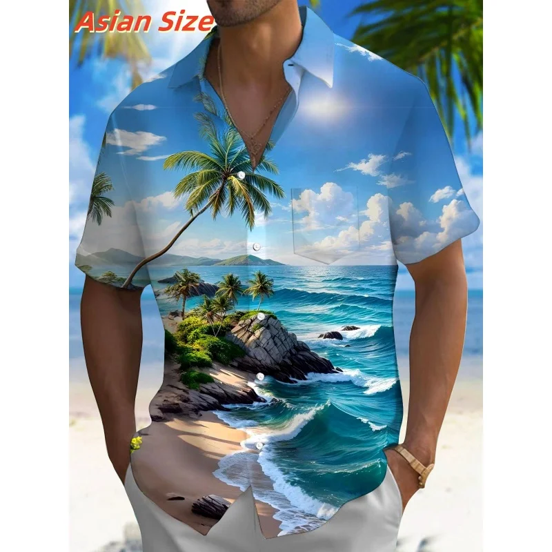Vintage Segelboot Palm Coast Landschaftsmuster Unisex Kurzarm-Bluse mit Camp-Kragen, lockeres hawaiianisches Sommer-Freizeithemd