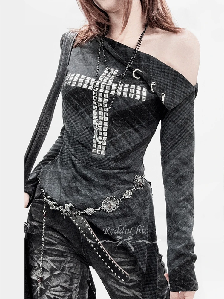 REDDACHiC Gothic Plaid Long Sleeve T-shirt Women Grunge Diamond Cross Slant Shoulder Shirred Fitted Top Punk Alternative Clothes
