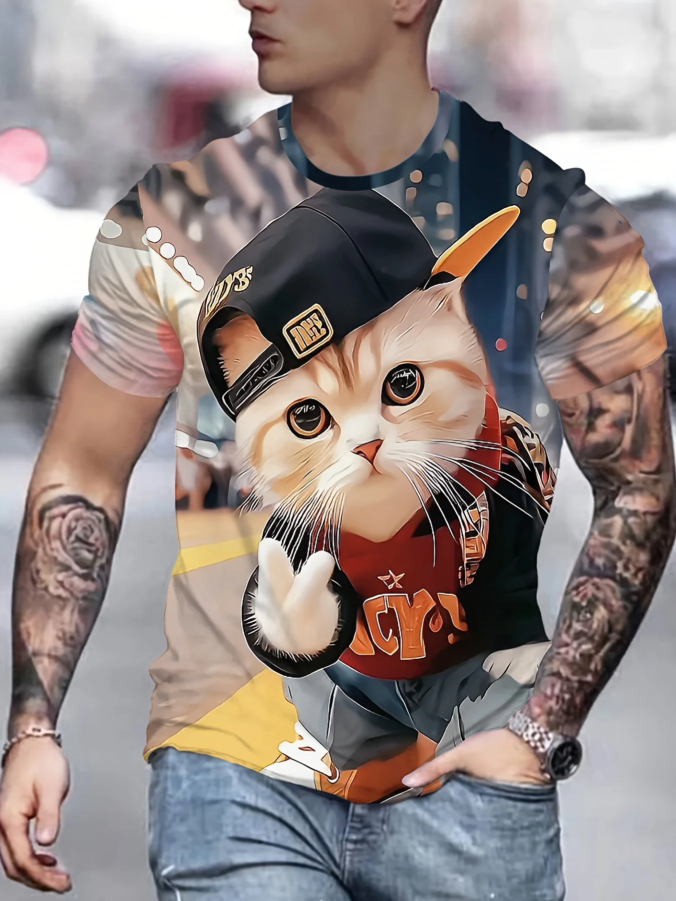 Men's Hip Hop Cute Cat Print T-Shirt Baseball Cap Peace Sign Street Style Crew Neck Top