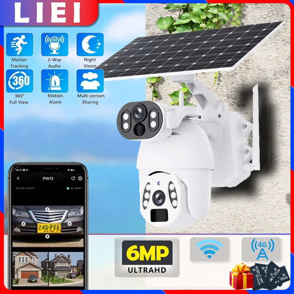 

LIEI 4G or WIFI PTZ Solar Camera Auto Tracking Dual Lens 6MP Surveillance camara Security Protection Waterproof Smart Home CCTV