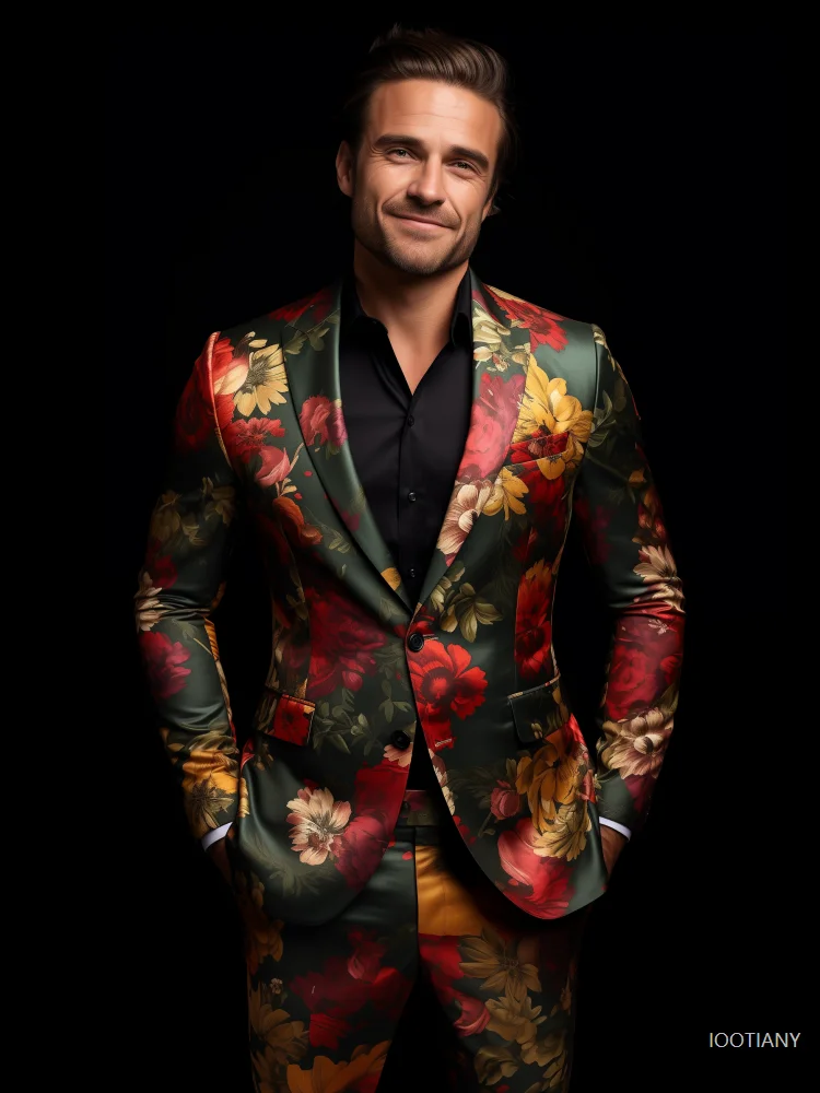 Fashion New Hawaiian Floral Print Suit Jacket Adult Gentleman Social Wedd Party Gown Men Slim Jacket Nightclub Stage Party Set