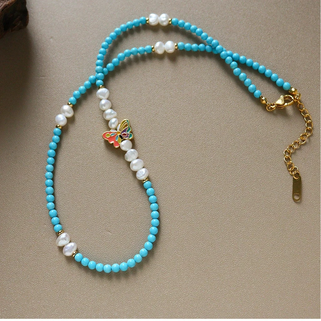 Retro Temperament Versatile Colorful Oil-dropping Butterfly Turquoise Stone Freshwater Pearl Bead Splice Necklace Clavicle Chain