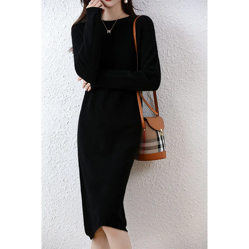 Cashmere Sweater Knitted Dresses 100% Merino Wool Women\'s Winter Female Elegant Pullovers Dress Autumn Casual Long Sleeve Skirts