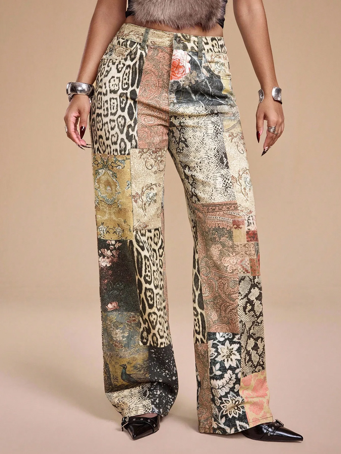 

Plus Size Patchwork Print Wide Leg Pants for Women, Boho Vintage Style with Animal & Floral Patterns