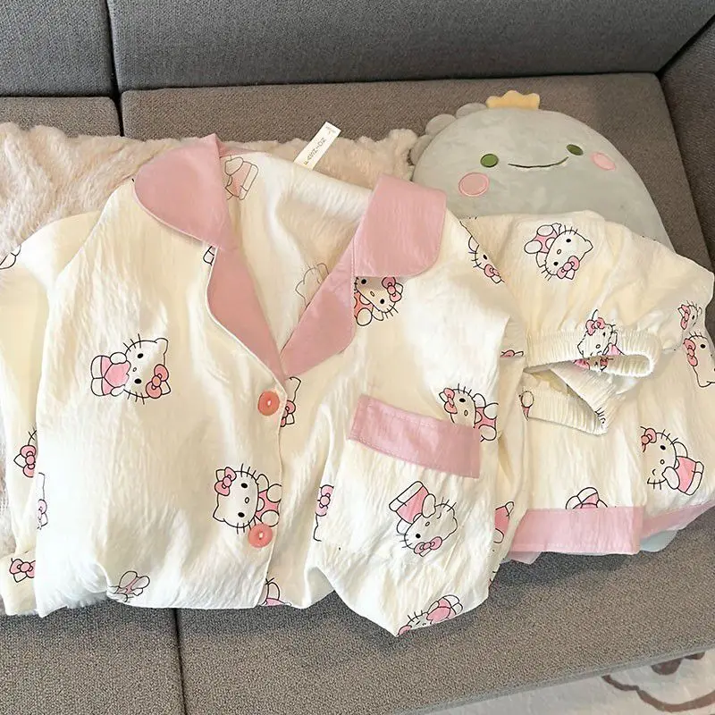 

Пижама Hellokitty для девочек, летняя, с короткими рукавами и шортами, стильный мультяшный милый детский комплект, домашняя одежда, которую можно носить на улице