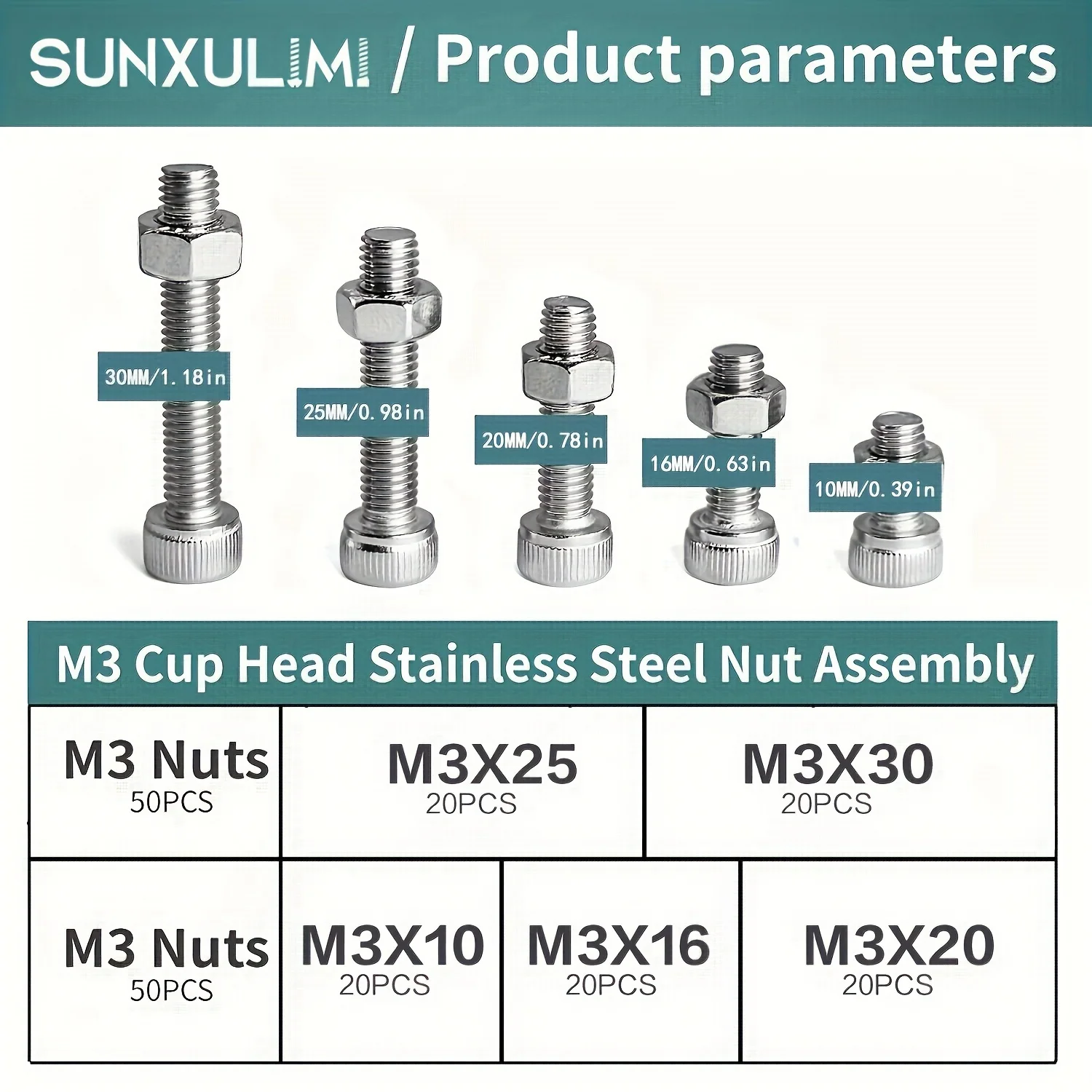 M3 x 10mm 16mm 20mm 25mm 30mm hexagon socket head screws, bolts, nuts, 304 stainless steel