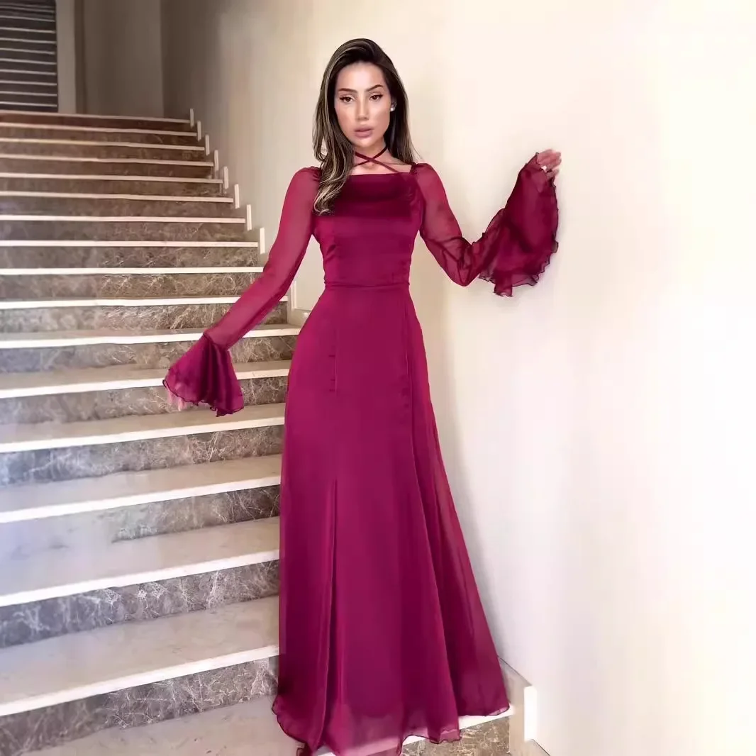 Fashion Satin Solid Robe Dress Ladies Temperament Slim Evening Dress Elegant Batwing Sleeves High Waist Pleats Long Dress