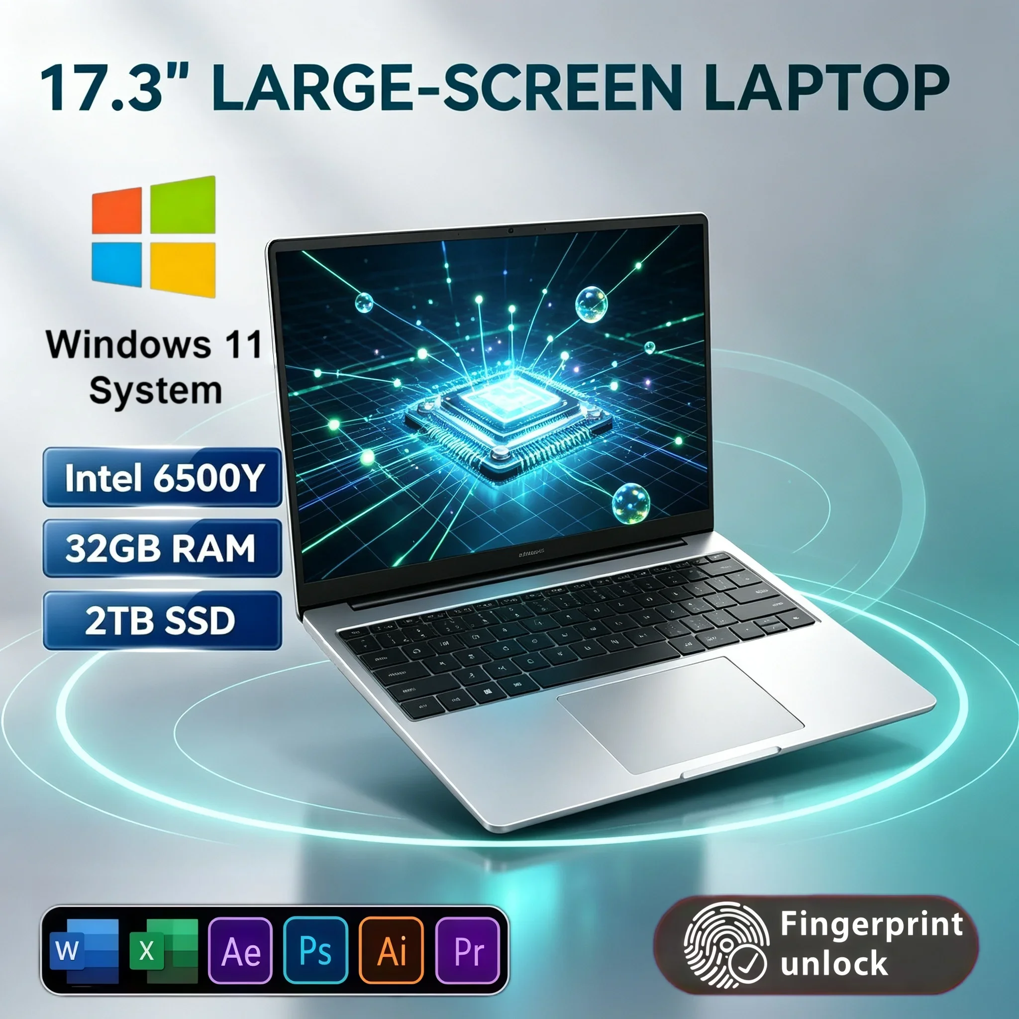 17.3" Large Screen Laptop Intel 6500Y Windows11 32GB RAM 2TB SSD Fingerprint Unlock Portable For Streaming & Daily Office Usage