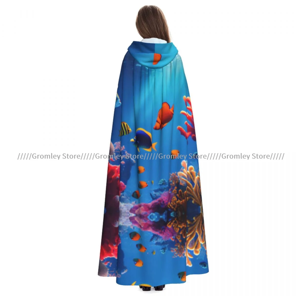 Witch Long Hooded Robe Colorful Fish In The Red Sea Halloween Cloak Cosplay Costumes for Adult