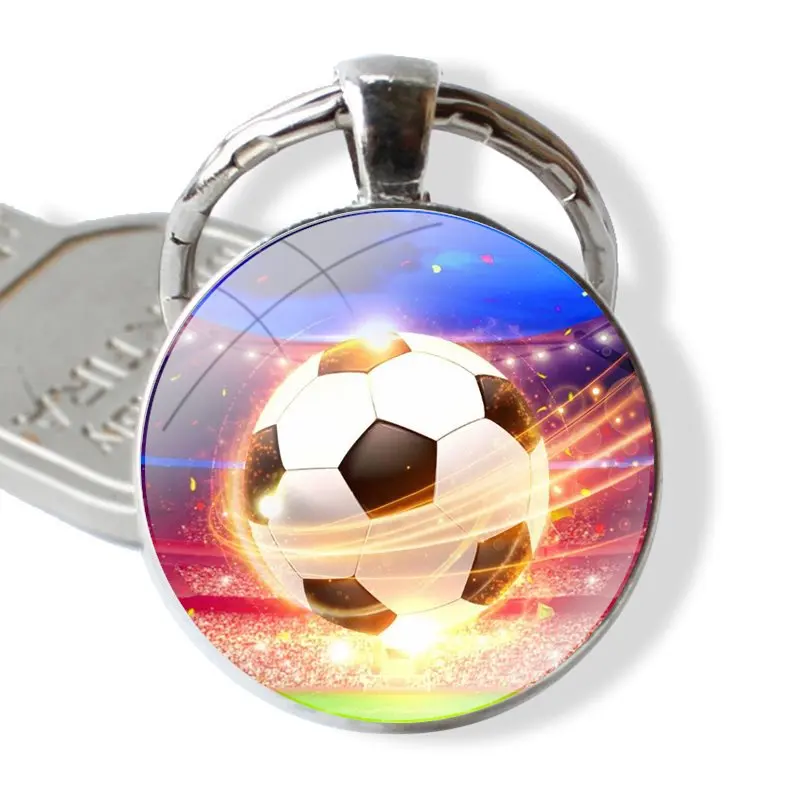 Keychain Handmade Glass Cabochon Key Ring Holder Pendant Key Chains Football soccer field