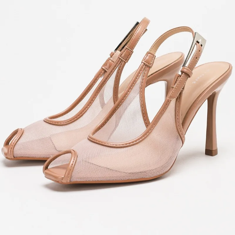 

Sexy Peep Toe Mesh Heeled Sandals Women Pumps Metal Buckle Fashion Brand High Heels Women Elegant Slingback Wedding Party Shoes