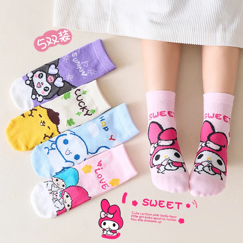 5 Pairs Sanrio Hello Kitty Kuromi Melody Socks Cartoon Cotton Mid-calf Cinnamoroll Women Girls Socks Fashion Sock Christmas Gif