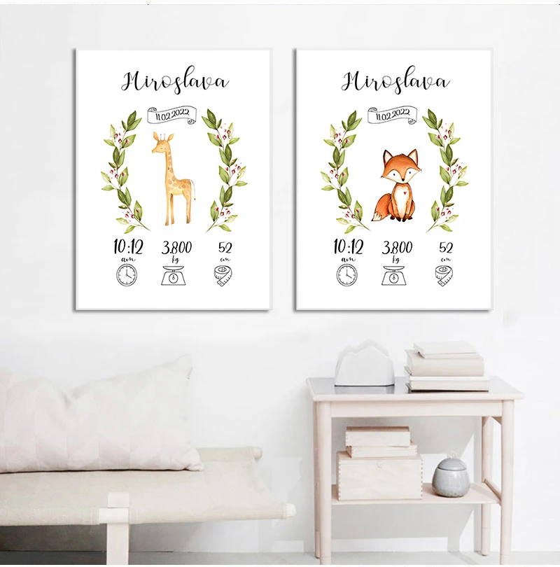 Personalized Custom Baby Birth Name Poster Baby Shower Gifts Cartoon Animal Wall Art Canvas Painting New-born Kids Room Decor