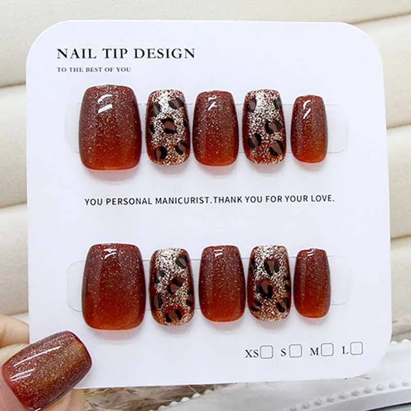 Faux ongles haut de gamme pour femmes, couleur Caramel, motif léopard fin et brillant, yeux de chat, à pression, assortis avec tout, couverture complète, 10 pièces