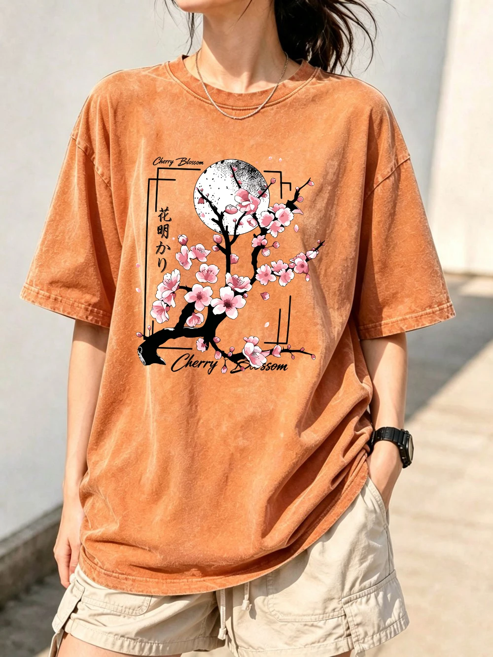 Japanese Sakura Harajuku Prints Washed T-Shirts Womens Cotton Oversized Streetwear O-Neck Short Sleeve Tops Summer Soft Clothes