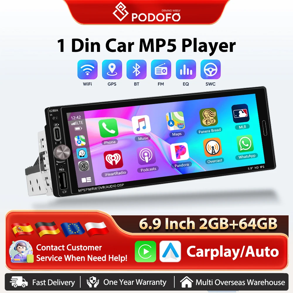 Podofo Autoradio Universale 6.9'' CarPlay Android Stereo Multimediale per Auto WIFI Navigazione GPS FM/RDS BT 1din Unità Principale HD EQ Schermo Touch Mirrorlink Wifi Stereo Multimediale USB BT