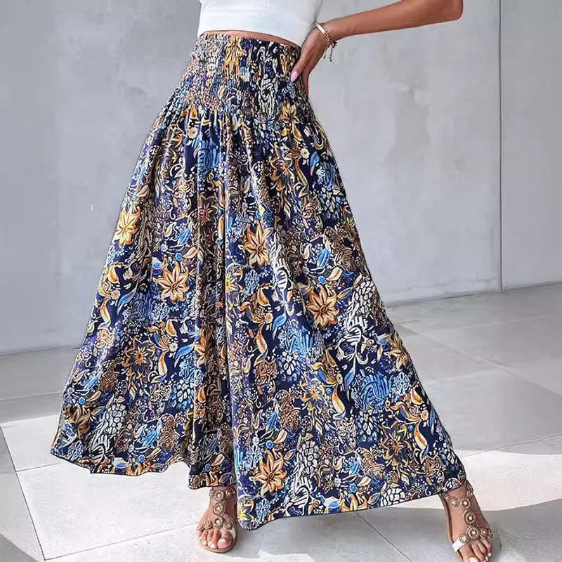 

Summer New Printing Casual Beach Pantskirt Fashion Wide-leg Loose Elastic Waist Sweet Bohemia Pants Female Holiday Thin Trousers