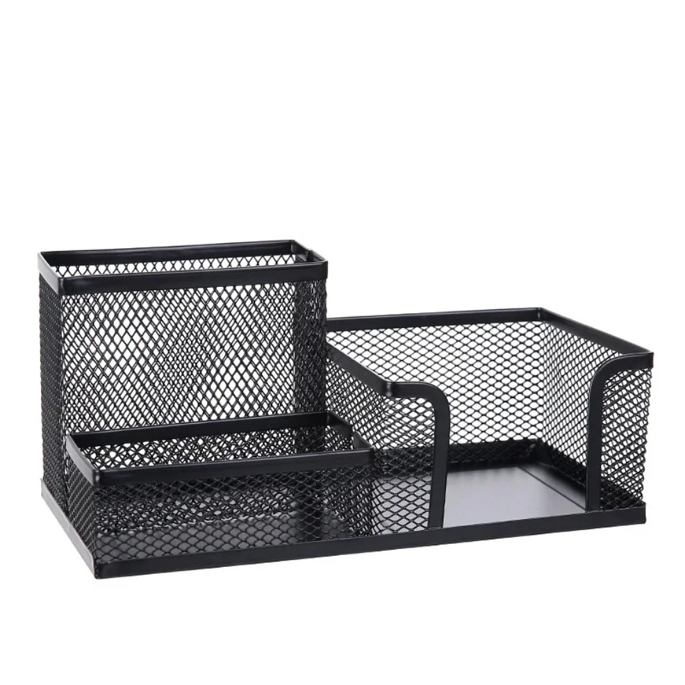 

Deli Metal Mesh Square Pen Holder Multi-functional Three Grid Desktop Storage Box Simple Office Supplies for Business