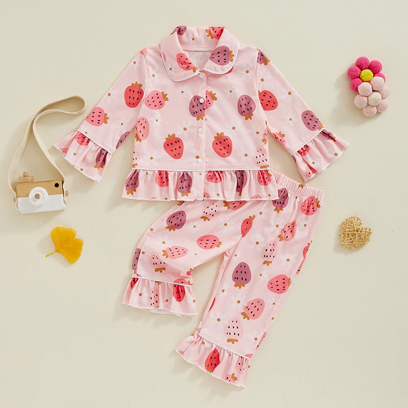 2024-07-03 Lioraitiin Kid Girl Halloween Pajama Set, Pumpkin Print Ruffle Sleeve Button Down Tops Elastic Waist Pants Fall Set