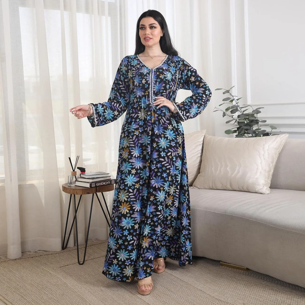 AB341 plus size dress long skirt new V-neck diamond studded fashionable printed robe