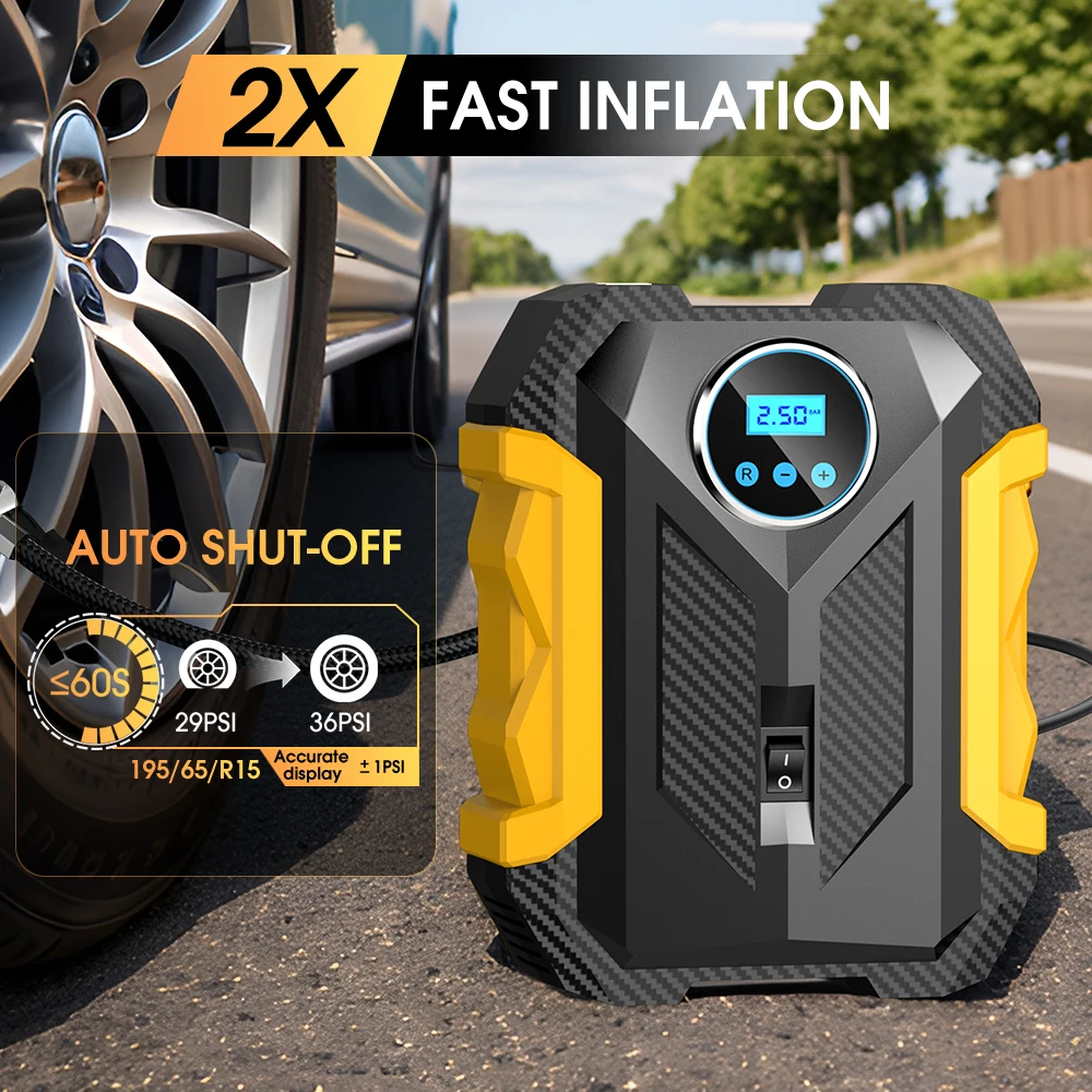 CARSUN Portable Digital Auto Air Compressor with Tire Inflation, LED Light, Tire Pressure Monitor for Car & Motorcycle