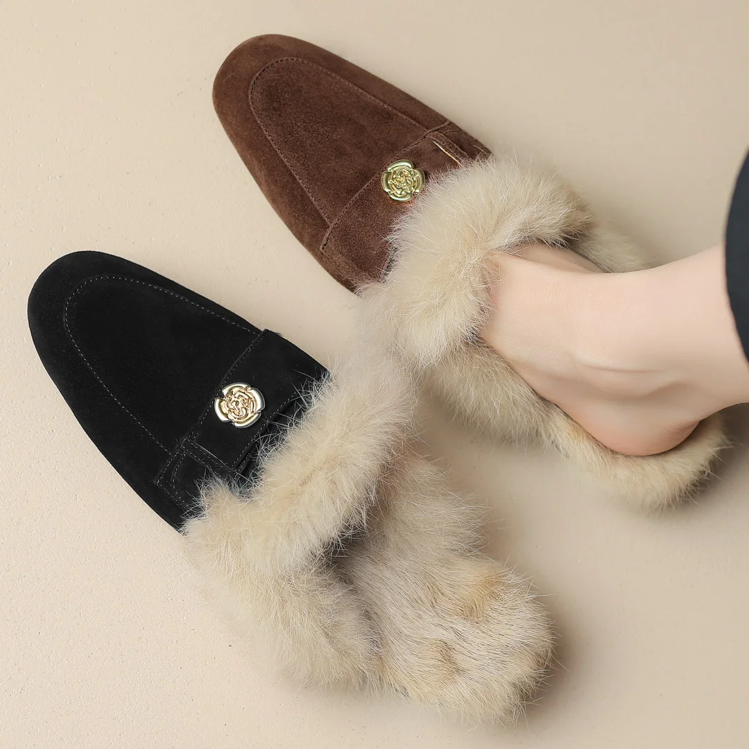 Women's natural suede leather square toe slip-on rabbit fur winter flats mules casual female cold weather slides shoes for woman