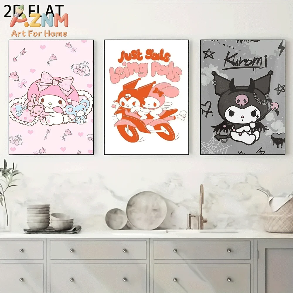 AZNM Sanrio My Melody Kuromi Canvas Wall Art Unframed Cute Cartoon Biker Gothic Heart Theme Print Painting Girls Bedroom Home De