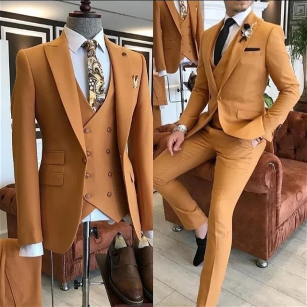 Groom Wear 3 Pieces Green Men Suits 2023 Slim Fit Peak Lapel One Button Wedding Tuxedo Terno Masculino (Jacket+Pants+Vest)