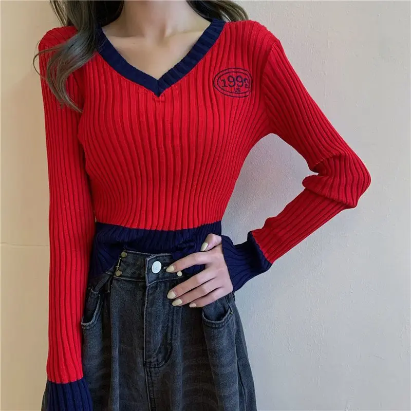 Sweet V-Neck Knitted Spliced Embroidery Sweaters Female Clothing 2023 Autumn Winter Loose Casual Pullovers Korean Tops